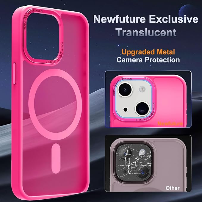 Newfuture Designed for iPhone 13 Case & iPhone 14 Case with Magnetic [13 FT Military Drop Protection] [Compatible with Magsafe] Slim Translucent Shockproof with Anti-Fingerprint Phone Case, Hot Pink