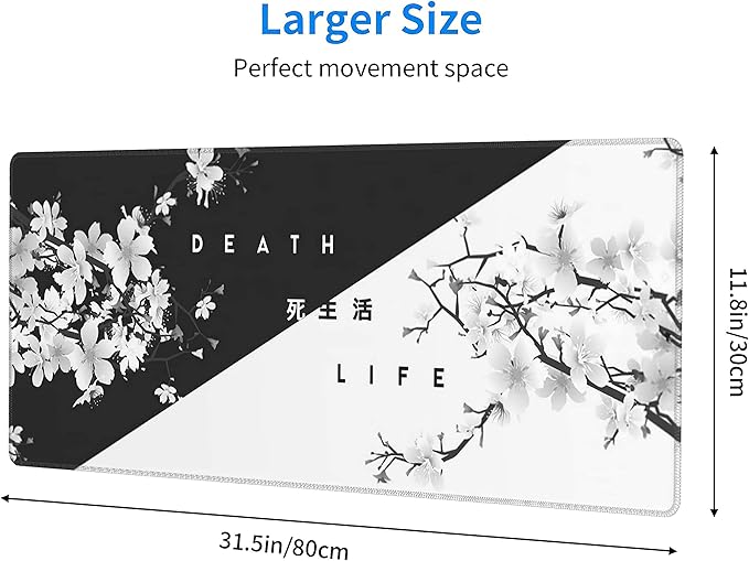 Black White Cherry Blossom Mouse Pad Japanese Sakura Death Life Extended Desk Mat 80X30 cm Non-Slip Rubber Base Stitched Edge Large XL Playmat for Gaming Laptop Computer PC Desktop,31.5×11.8 Inch
