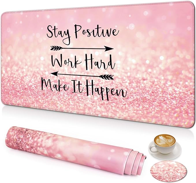 Large Gaming Mouse Pad with Coaster, Desk Matt for Desktop, Desk Pad, Mouse Pads Mat, Stitched Edges Big Extended Mousepad for Computer Keyboard Laptop Office Decor, 31.5'' x15.6''-Pink Words