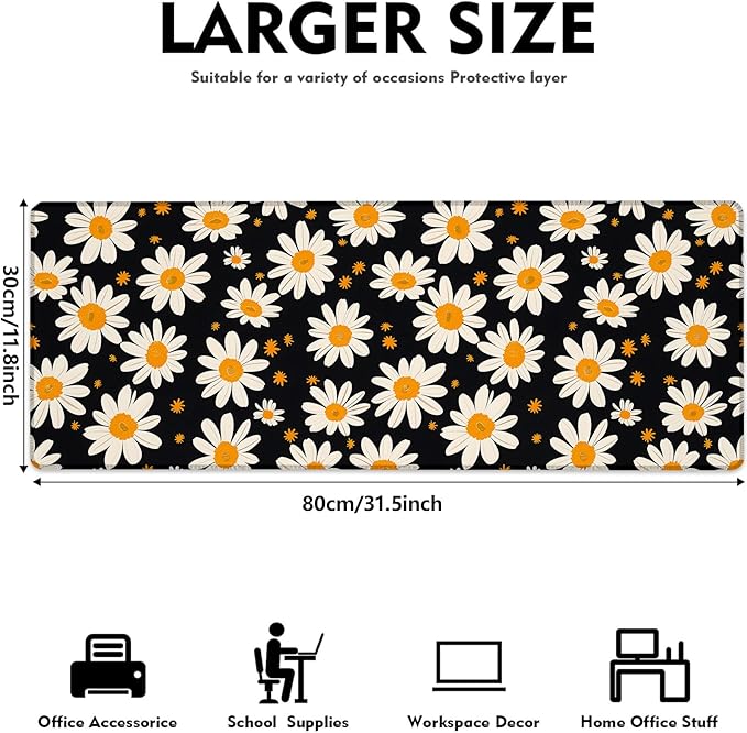 Charming Daisy Gaming Mouse Pad, Large White Floral Desk Mat for Laptop Keyboard Computer, Non-Slip Rubber Base Desktop Extended Mousepad for Office Home Accessories 31.5"×11.8"