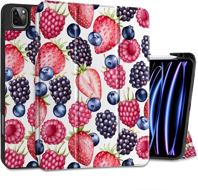 MEEgoodo for iPad Pro 12.9 Case M2 6th/5th/4th/3rd Generation 2022 2021 2020 2018 with Pencil Holder, Tablet Cover with Soft TPU Back Shell, Fresh Berries Pattern