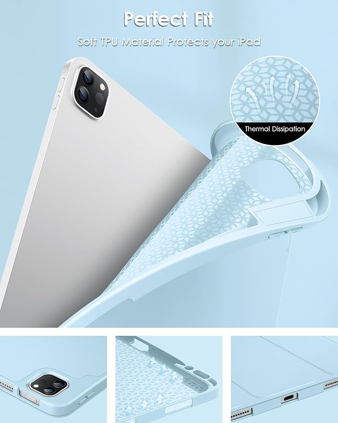 DTTO for iPad Air 13 Inch Case M4/M3/M2 2026/2025/2024, iPad Pro 12.9 Inch Case (6th/5th/4th/3rd Gen), Smart Slim Trifold Stand Soft Cover with Pencil Holder, Ice Blue