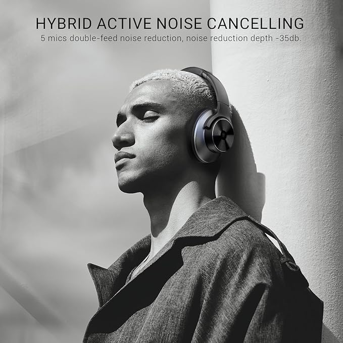 OneOdio Focus A10 - Hybrid Active Noise Cancelling Headphones, Wireless Over-Ear Headphones with 62H Playtime, Fast Charging, Hi-Res Audio, Clear Calls, Bluetooth & Wired Mode for Travel Work