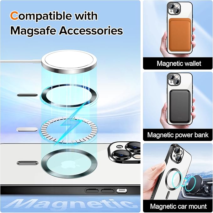 Hython Magnetic Clear for iPhone 15 Plus Case with Camera Lens Protector [Compatible with MagSafe] Luxury Plating Edge Slim Soft TPU Cover Protective Phone Case for iPhone 15 Plus 6.7", Black