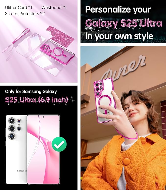 Meifigno Case Designed for Samsung Galaxy S25 Ultra 6.9 inch, [Compatible with MagSafe] [2X HD Screen Protectors] [Glitter Card & Wrist Strap] Full Lens Protection Case for Galaxy S25 Ultra, Hot Pink