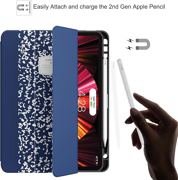 Soke for iPad Pro 11 Case (M2) 2022/2021/2020 with Pencil Holder - [Full Body Protection + Apple Pencil Charging + Auto Wake/Sleep], Soft TPU Back Cover for 2022 iPad Pro 11 inch(B-Book Navy)