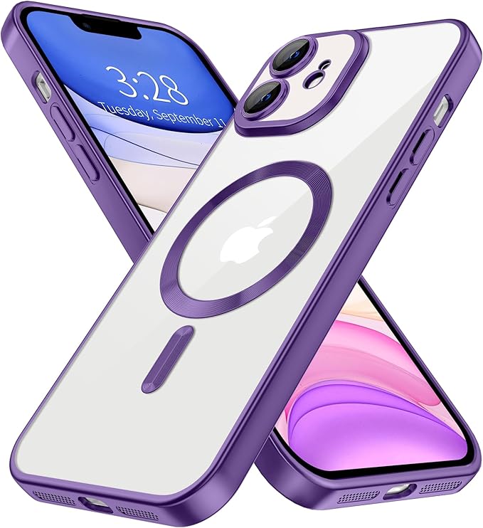 Hython Magnetic Clear for iPhone 11 Case with Camera Lens Protector [Compatible with MagSafe] Luxury Plating Edge Slim Soft TPU Cover Protective Phone Case for iPhone 11 6.1", Matte Purple