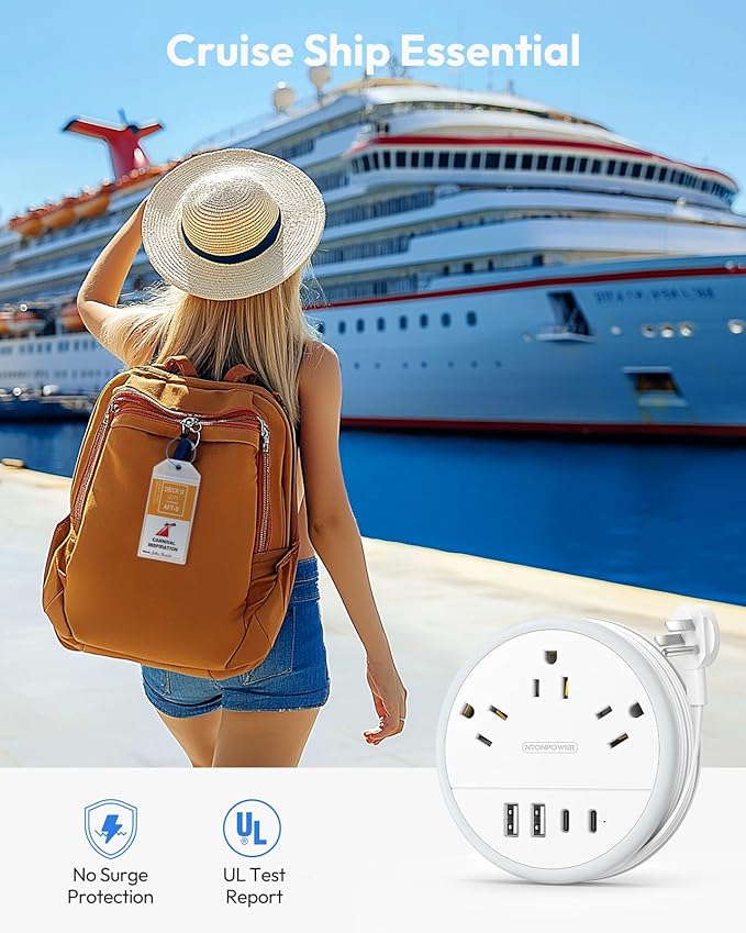 NTONPOWER Travel Power Strip, Travel Essentials, Cruise Essentials 2026 3 Outlets 4 USB Ports(2 USB C), 4FT Wrapped Around Extension Cord for Travel Cruise Ship Beach Vacation Essentials White