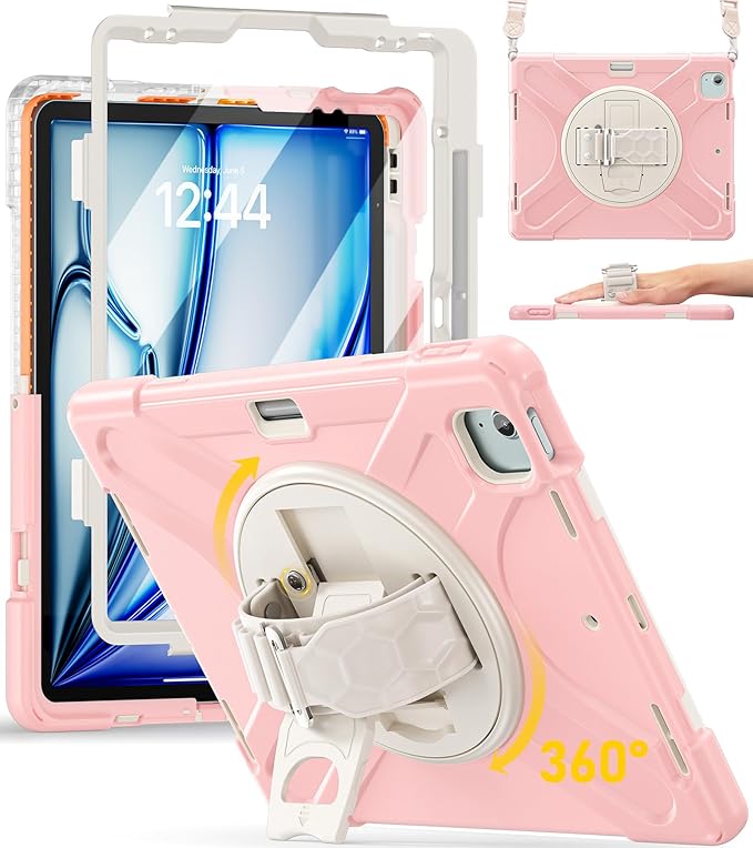 BRAECN Case for iPad Air 13 Inch 2026(M4)/2025(M3)/2024(M2) & iPad Pro 12.9''(2022/2021/2020/2018), Full-Body Protection Screen Protector Pencil Holder 360° Rotating Handle Kicktand Kids Friendly