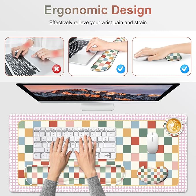 Vintage Macaron Checker Mouse Pad Set, 4 in1 Ergonomics Keyboard Desk Mat with Memory Foam Wrist Rest, Extended Game Mousepad, Large Gaming Non-Slip Desk Pad Matt Easy Typing Pain Relief