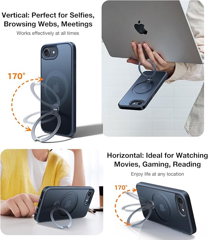 TORRAS 360 Spin for iPhone 17e Case & iPhone 16e case with Stand, Fit for MagSafe, 4X Military-Grade Protective, Stand Phone Case for iPhone 17e Case, Ring Holder Slim Cover, Matte Black 6.1''