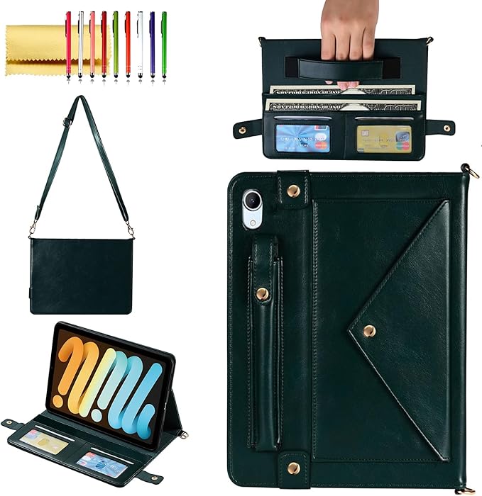 Handbag Case for iPad Mini A17 Pro (2024/2021), Techcircle Folio Stand PU Leather Crossbody iPad Mini 7/6 Cover with Pencil Holder+Card Slots Wallet Case with Shoulder Strap+Hand Strap, Midnight Green