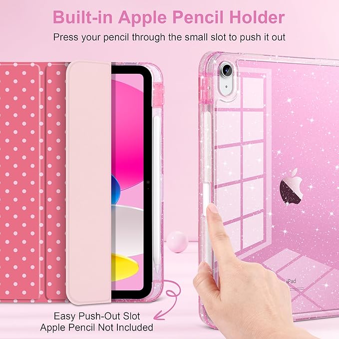 DONGKE for iPad Pro 11 inch Case – Fits M5 2025 / M4 2024, Shockproof Sparkling Glitter Acrylic Back, Pencil Holder, Trifold Stand, Auto Sleep/Wake & Touch ID Support - Dark Pink Polka Dot