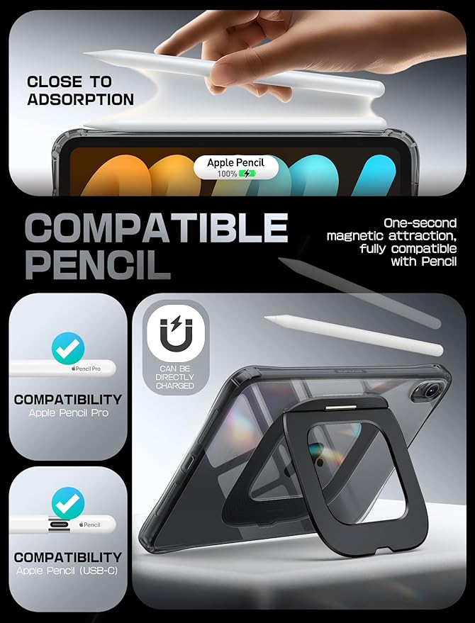 SUPCASE for iPad Mini 7 A17 Pro 2024 Case with Stand (Unicorn Beetle Prism), [Anti-Scratch] [Support Apple Pencil Charging] Slim Protective Clear Cover for iPad Mini 7th/6th Generation 8.3 Inch, Black