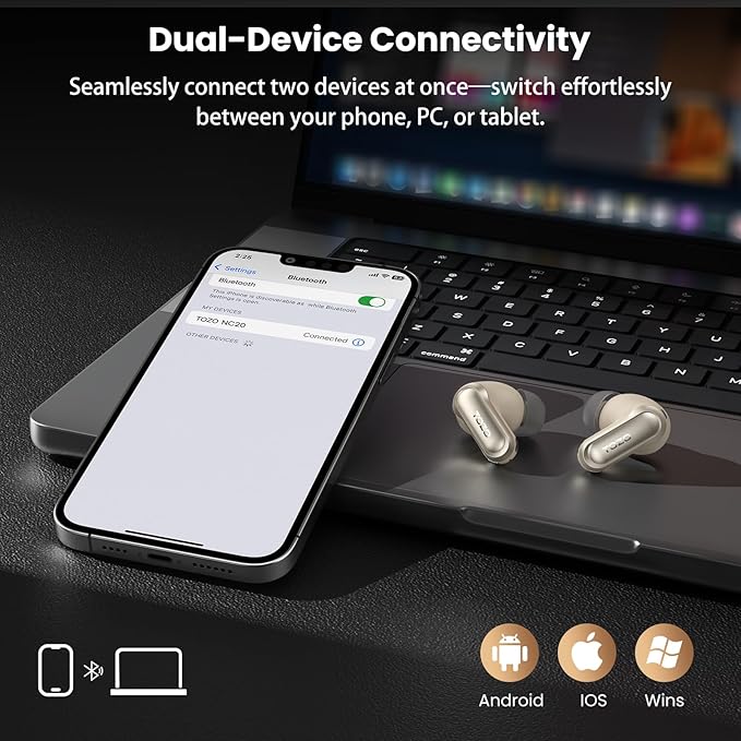 TOZO NC20 Active Noise Cancelling Wireless Earbuds, LDAC Hi-Res Sound Bluetooth Headphones, 6 Mics AI Call Ear Buds 80H Playtime, Dual Pairing, 32 EQ via App, IPX8 Waterproof, Wireless Charging Case