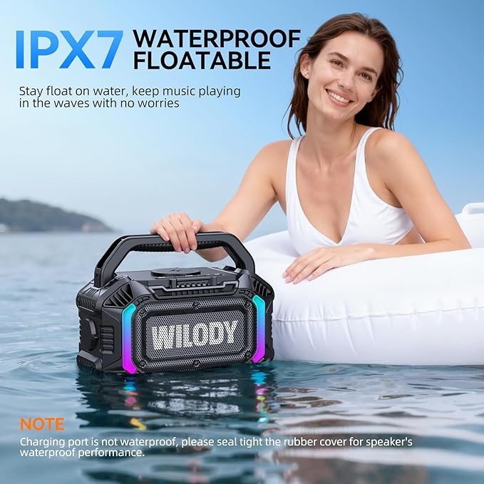 Wilody Speakers Bluetooth Wireless, 100W Loud Outdoor Speaker with Bass, IPX7 Waterproof Floatable, 20H Playtime, Wireless Charge, TWS, RGB Light, Portable Speaker for Work, Garage, Outdoor (Black)