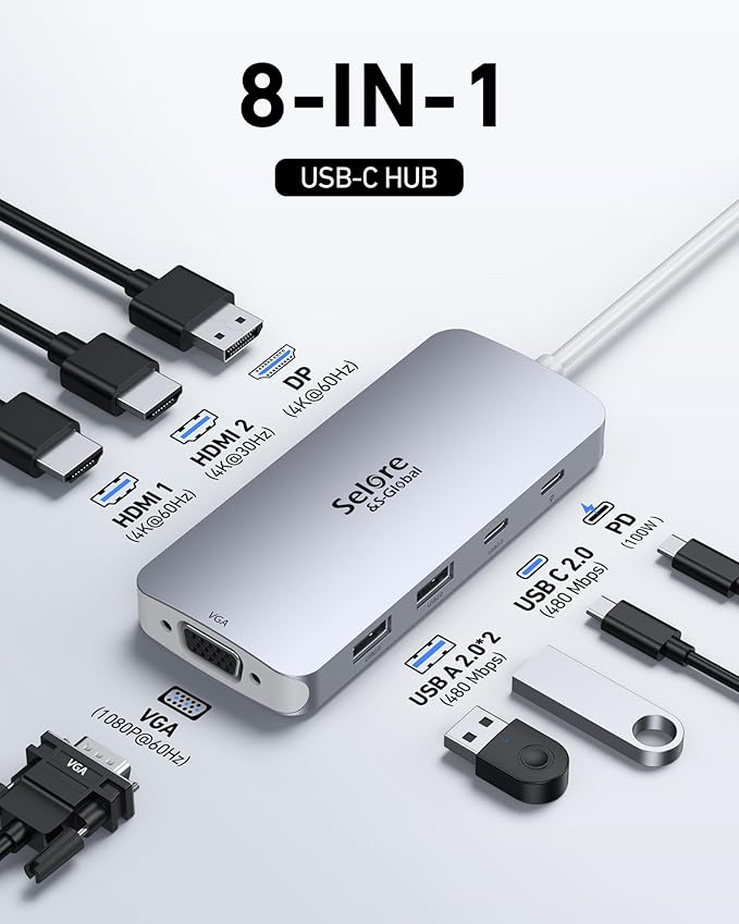 USB C Docking Station Dual HDMI Monitor Adapter, Selore USB C Hub 3 Monitors with Dual HDMI, Displayport, VGA, 100W PD Charging, 3USB 2.0 Ports Adapter for Dell XPS,HP, Lenovo,etc(Silver)