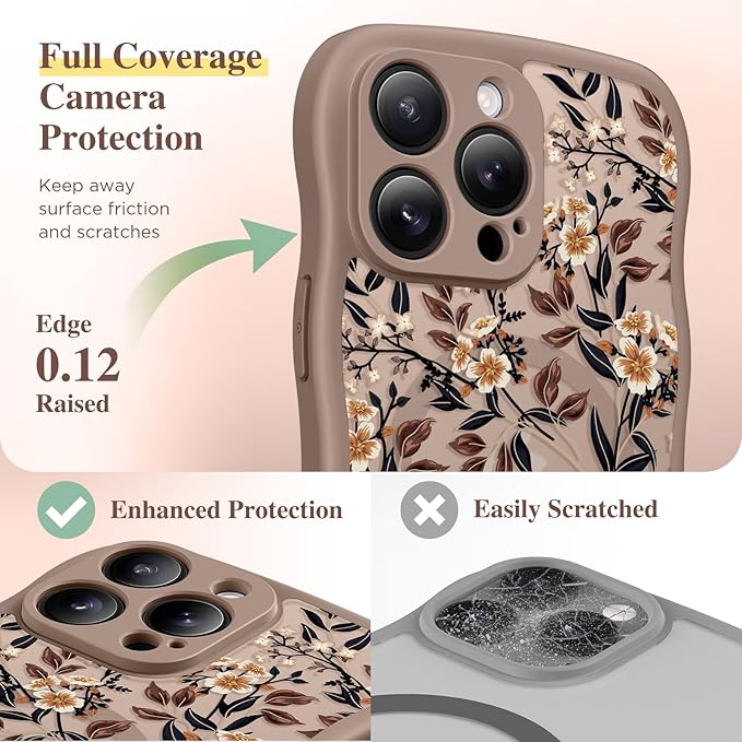 GVIEWIN for iPhone 15 Pro Case Compatible with MagSafe [Curly Wave Edge][Full Camera Protection] Floral Translucent Shockproof Magnetic Women Phone Case for iPhone 15 Pro 6.1'', Bunchflower/Brown