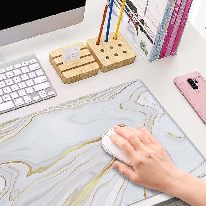 Marble Desk Pad White Gold Large Mouse Pad Gaming Mousepad Extended XL Keyboard Pad 31.5 x 11.8 in Laptop Computer Mouse Keyboard Mat for Office Desk Decor