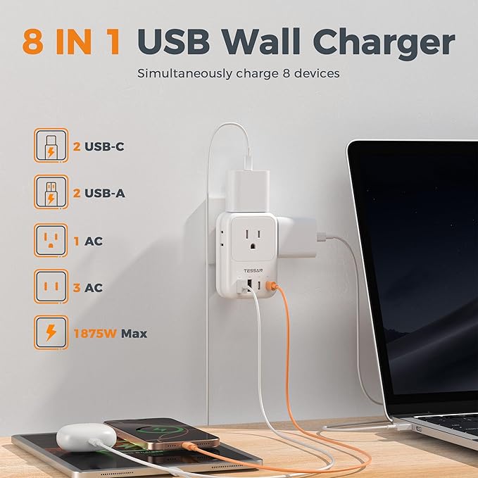 USB C Charger Block 20W PD, TESSAN Foldable Wall Charger with 4 USB Ports and 4 AC Outlet Extender, Multi Charging Station for Cruise, Home, Office, Dorm Room Essentials, White
