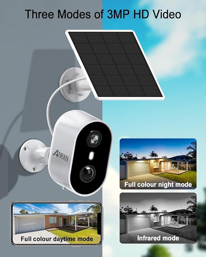 ANRAN Solar Security Cameras Wireless Outdoor for Home Security, 3MP 2K Color Night Vision WiFi Surveillance Home Camera with Solar Panel, Spotlight, PIR Detection, 2-Way Talk, 2 Packs