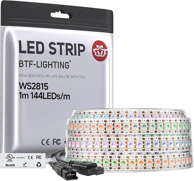 BTF-LIGHTING WS2815 (Upgraded WS2812B) LED Strip Light,UL Listed,3.2FT 144 LED/Pixels,Flexible Chasing RGB,Dual Signal Individually Addressable,5050SMD,3M Tape,DC12V IP67(No Adapter or Controller)
