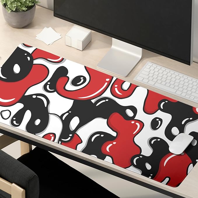 Red Black White Gaming Mouse Pad Desk Pad Large 35.4x15.7 Inch Japanese Anime Geometric Gaming Mouse Pad Extended Non-Slip Rubber Base Stitched Edge Japanese Desk Mat for Gamer Office Home Work