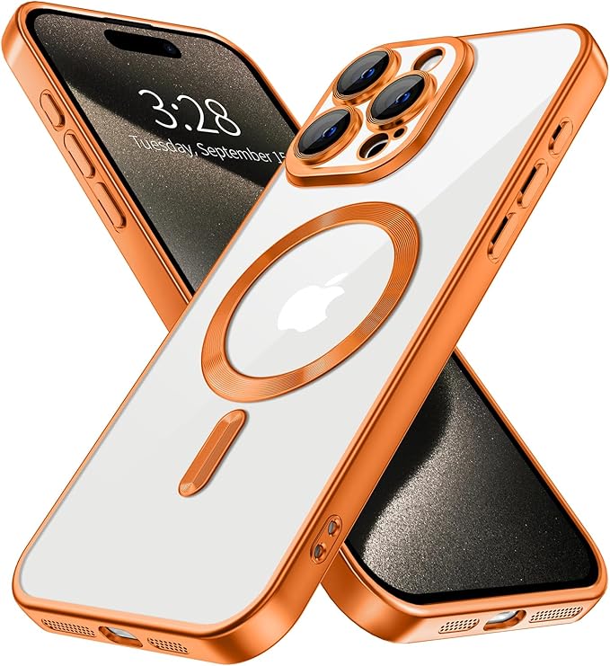 Hython Magnetic Clear for iPhone 15 Pro Case with Camera Lens Protector [Compatible with MagSafe] Luxury Plating Edge Slim Soft TPU Cover Protective Phone Case for iPhone 15 Pro 6.1", Matte Orange