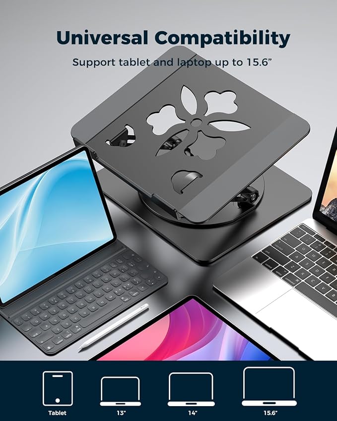 Aoviho 360° Rotating Laptop Stand for Desk | Adjustable, Foldable, Portable Aluminum Ergonomic Riser | Compatible with MacBook, Dell, HP & All Laptops 10-16 inch | Black