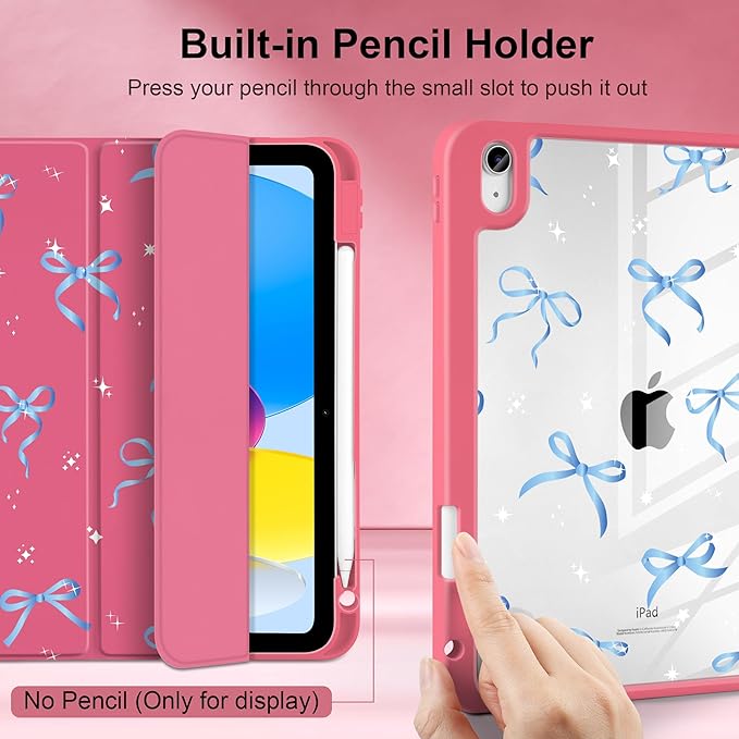 Case for iPad Air 11 inch M4 2026 M3 2025 M2 2024,iPad Air 5th (2022) / 4th (2020) 10.9 Inch Clear Back Shell Lightweight Shockproof TPU Trifold Stand Auto Wake Sleep Cute Cover, Ribbons