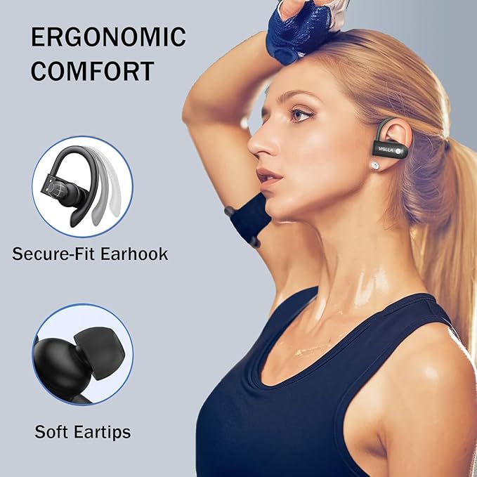 Vislla Wireless Earbuds, Bluetooth Earbuds with Earhooks Over Ear, 82H Long Battery Life,HiFi Running Headphones with Mic,PU Leather Charging Case,Waterproof Sport Ear Buds for Android Gym Working Out