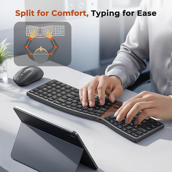 MEETION Ergonomic Keyboard and Mouse Wireless, Split S-Curve Design, 2.4G Wireless & Dual Bluetooth, Slim Low-Profile Rechargeable Full Size Keyboard, 4 DPI Mouse for Windows Mac PC Laptop Computer, Q