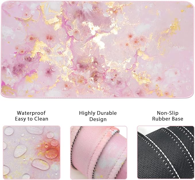 Large Mouse Pad and Keyboard Wrist Rest, Desk Pad for Keyboard and Mouse, 4-in-1 Large Gaming Mouse Pad with Wrist Support, Non-Slip Desk Mat for Home Office Study Game-Pink Gold Marble