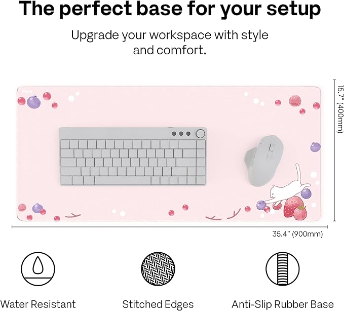 Pixio Mouse Pads - 36 x 16 inch XXL Cats & Berries Pink Multifunctional Large Desk Mats for Gaming, Office, Desktop Anti-Slip Waterproof Washable Computer Mouse Mat