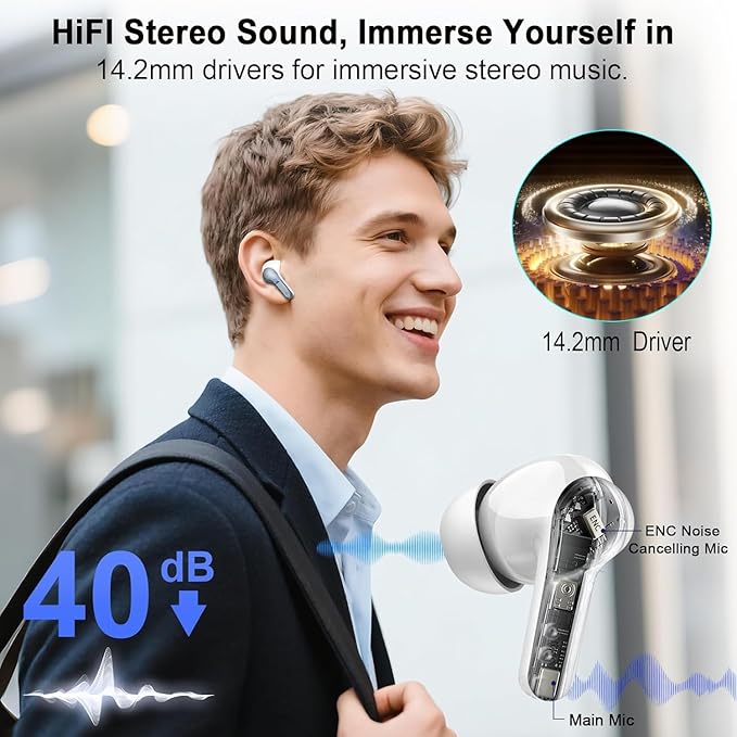 Wireless Earbuds, Bluetooth Headphones 5.4 HiFi Stereo, Ear Buds with 4 ENC Noise Cancelling Mics, 48H Bluetooth Earbuds with Dual LED Display, IP7 Waterproof in Ear Earphones for Android iOS, White