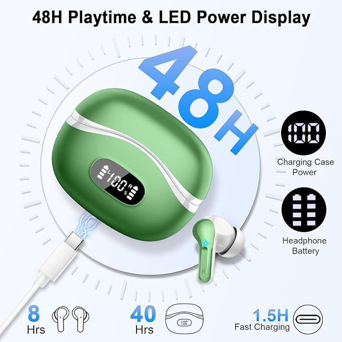 Wireless Earbuds, Bluetooth Headphones 5.4 HiFi Stereo, Ear Buds with 4 ENC Noise Cancelling Mics, 48H Bluetooth Earbuds with Dual LED Display, IP7 Waterproof in Ear Earphones for Android iOS, Green