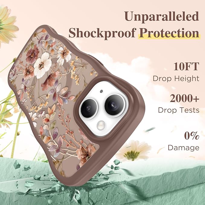 GVIEWIN Cute for iPhone 14 Case & iPhone 13 Case [Compatible with MagSafe] [Curly Wave Edge] Floral Translucent Magnetic Shockproof Protective Phone Cover for iPhone 14/13 6.1'', Corn Poppy/Brown
