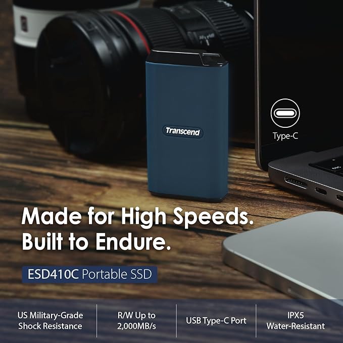 Transcend ESD410 2TB External SSD, Up to 2000MB/s, Supports Apple 4K 60fps ProRes, for iPhone17/15/16/iPad/Mac/Tablets/PS5/Windows/Android, IPX5 Water-Resistant, USB 3.2 Gen2 (20Gbps) Portable SSD