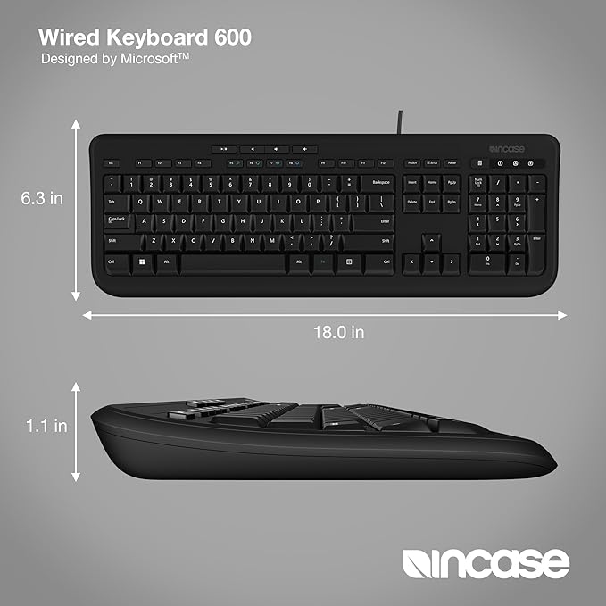 Incase Wired Keyboard 600 – Designed by Microsoft – Spill Resistant, Quiet Touch Keys, Plug and Play, 4 Hotkeys, Windows Start Key – Black