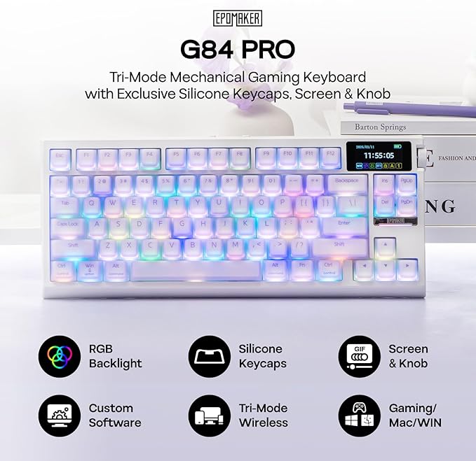 EPOMAKER G84 PRO Wireless Gaming Keyboard with Screen&Knob, 75% Creamy Mechanical Keyboard, 8000mAh, Hot Swappable, Silicone Keycaps, BT5.0/2.4G/USB-C Mode, NKRO, RGB (Purple, Creamy Jade Switch)