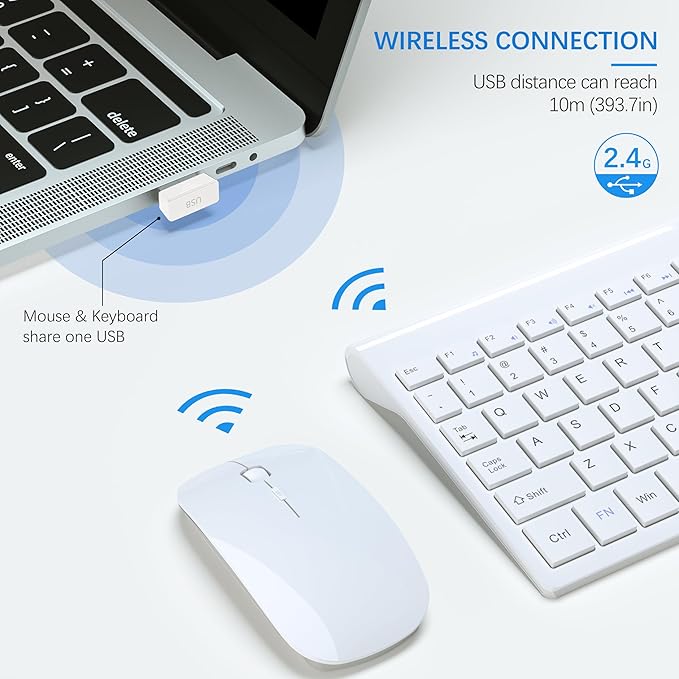TopMate Wireless Keyboard and Mouse Ultra Slim Combo, 2.4G Silent Compact USB 2400DPI Mouse and Scissor Switch Keyboard Set with Cover, Batteries Included, for PC/Laptop/Windows/Mac - White
