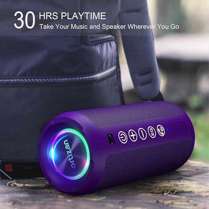 Ortizan Portable Bluetooth Speaker: IPX7 Waterproof, 24W Loud Sound, Deep Bass, Bluetooth 5.3, LED Lights, Wireless Stereo Pairing, 30H Playtime, for Home/Outdoor/Party/Beach, Birthday Gift, Purple