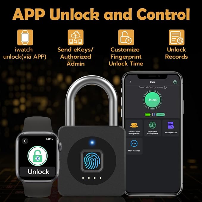 Pothunder Fingerprint Padlock with APP, Keyless Biometric Lock, Smart Waterproof Padlock Suitable for Gym, Locker, Gates, Fence and Storage