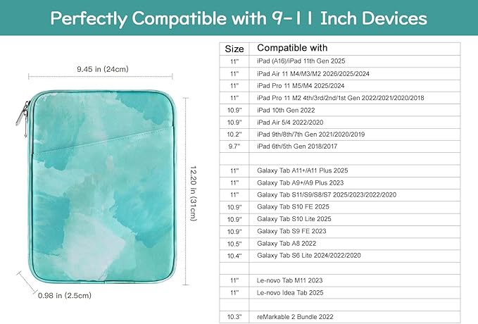 Dadanism 9-11" Tablet Sleeve Bag Carrying Case for iPad (A16) 11th Gen 11", iPad 10th Gen 10.9" Air 5/4, iPad Air M4/Pro 11", iPad 9/8/7th, Galaxy Tab A11+ Plus 11", Remarkable 2 10.3",Sea Salt Green
