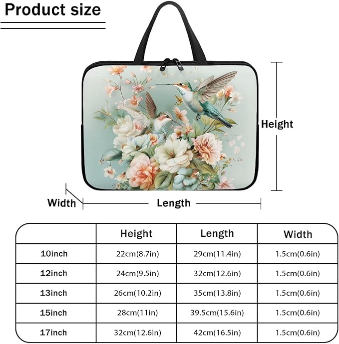 Hummingbird 15 Inch Laptop Sleeve for Women Protective Case Cover Compatible with 10-17 inch Chromebook, Notebook, Briefcase, Spring Floral Waterproof Computer Cases Bag with Handle