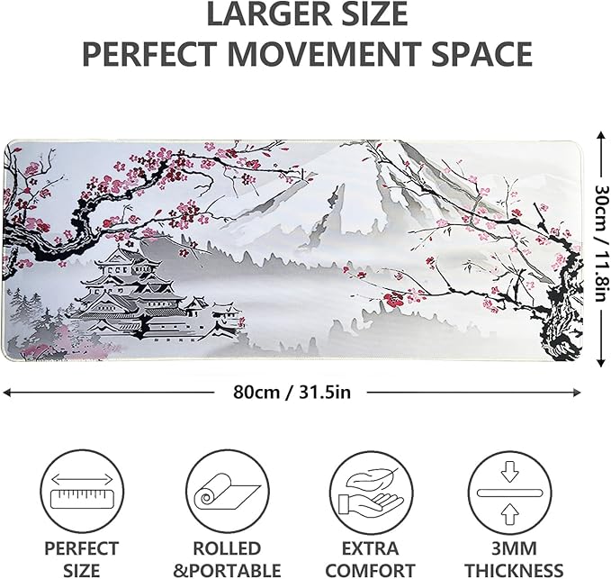 Gaming Mouse Pad XL XXL with World Map(31.5 x 11.8in), Desk Mat&Large Mouse Pad Keyboard Mat 3MM Anti Slip and Waterproof Rubber Mouse Pad(Japanese Cherry Blossom)
