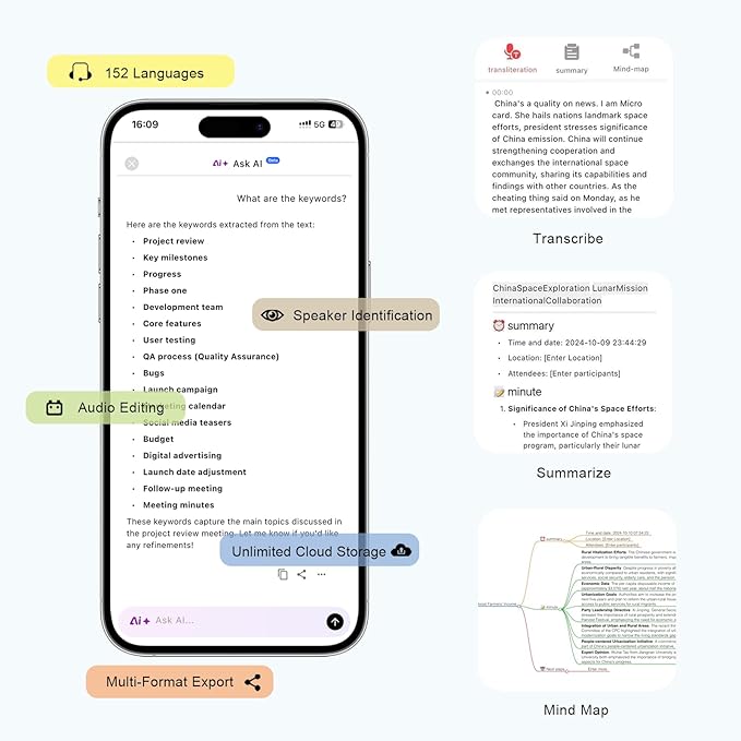 AI Voice Recorder w/Case, AI Note Taker & App Control, AI Transcription and Summary, Noise Cancellation, 152 Languages, 64GB Digital Audio Recorder for Meetings, Lectures & Calls