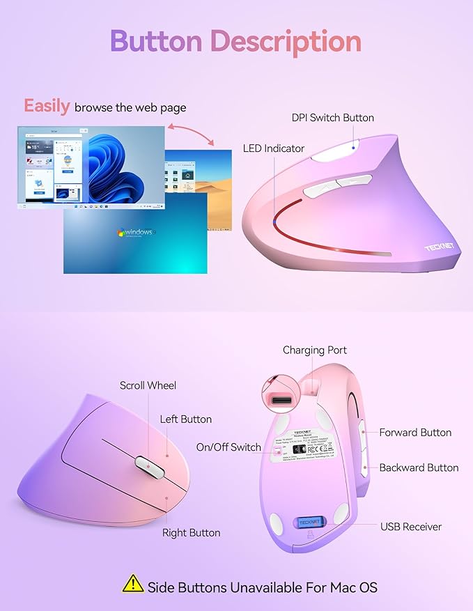 TECKNET Ergonomic Mouse, Wireless Rechargeable Vertical Mouse for Carpal Tunnel Right Hand, 4800 DPI 5 Adjustable Levels 2.4GHz with USB-A Receiver, Silent Click, for Laptop, PC, MacBook, Desktop