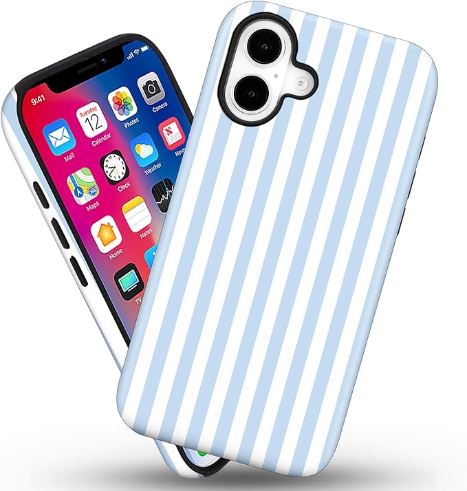 Magnetic for iPhone 16 Plus Case Cute Stripes Phone Case, Shockproof Slim TPU and Hard PC Protective Phone Cover Compatible with MagSafe Designed for Women Girls, Blue and White