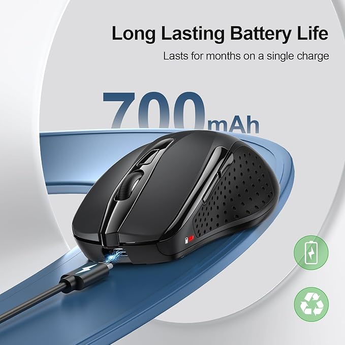 TECKNET Wireless Mouse Rechargeable, 2.4G USB-A Silent Mouse, Quiet Click, 6 Adjustable 4800 DPI, Cordless Computer Mice, Ergonomic Mice for Laptop, 6 Buttons for Chromebook, Ergo Grip - Black